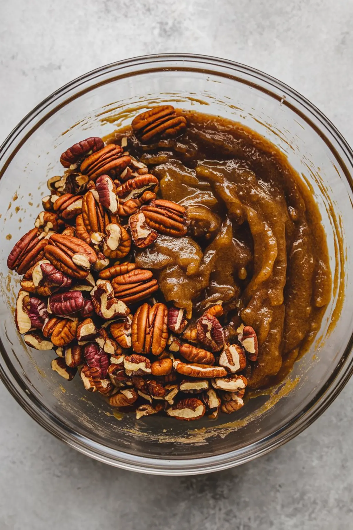 Glass bowl containing thick brown sugar mixture and raw pecans, ready to be stirred for the filling of chocolate pecan pie bars, against a textured background.
