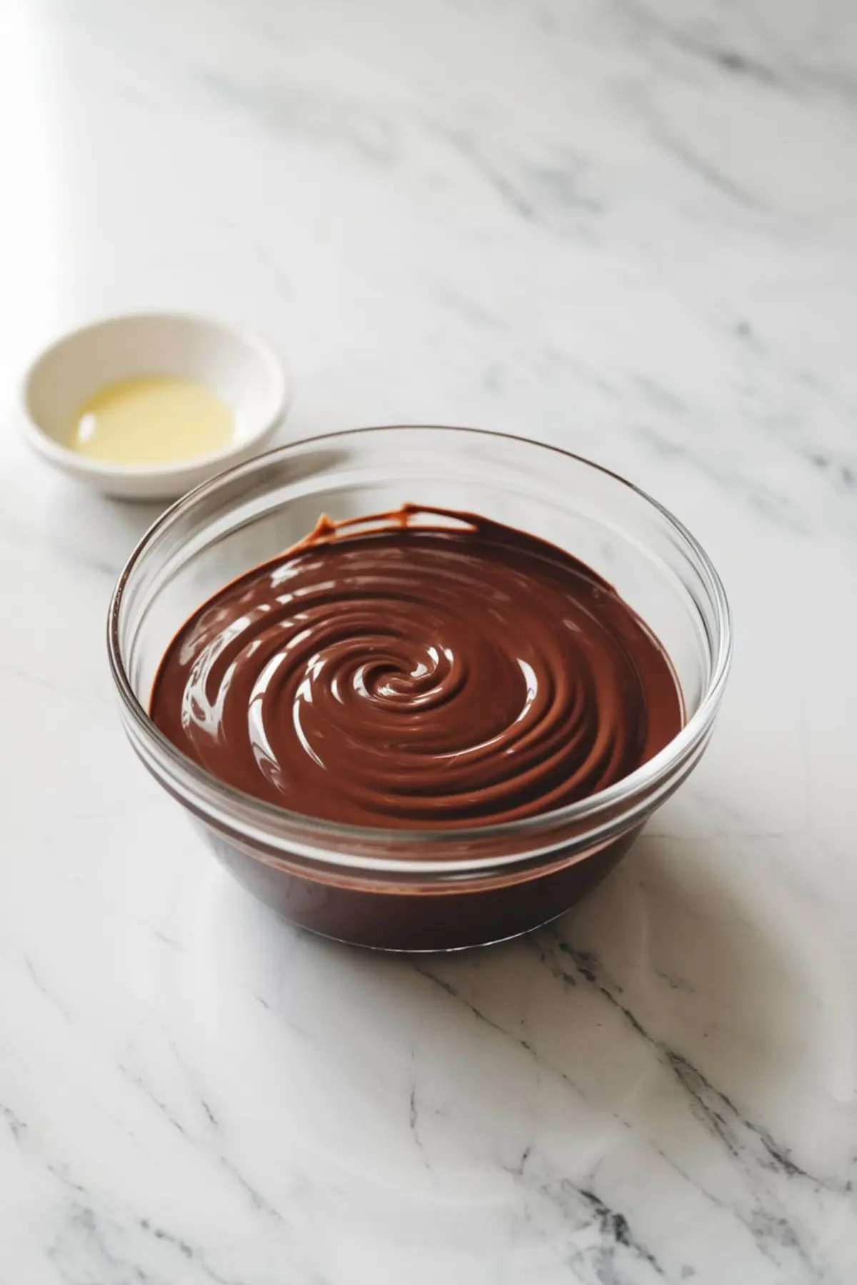 Glass bowl filled with melted dark chocolate swirled in a circular pattern, placed on a marble surface with a small bowl of melted butter in the background, for topping chocolate pecan pie bars.