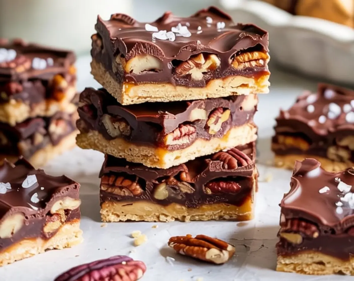 Stack of chocolate pecan pie bars with visible layers of golden crust, gooey caramel, roasted pecans, and glossy dark chocolate, garnished with flaky sea salt on a light background.