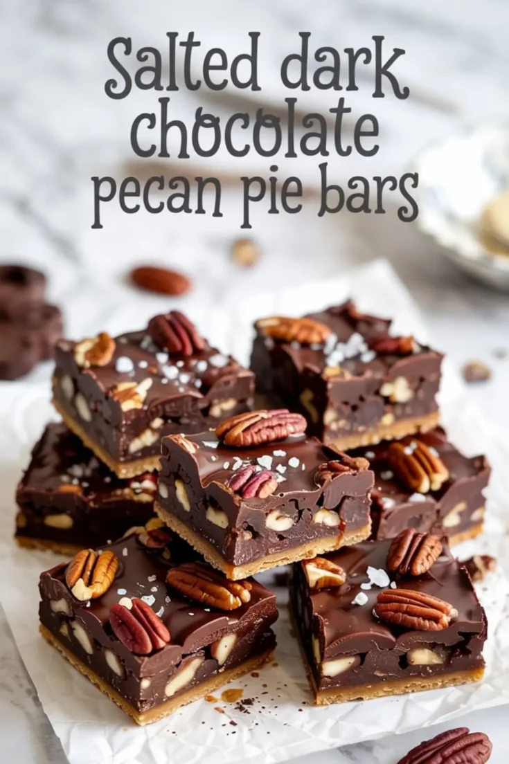 Salted dark chocolate pecan pie bars arranged on parchment paper, showcasing glossy chocolate tops, crunchy pecans, and coarse sea salt flakes, with a text overlay labeling the dessert.