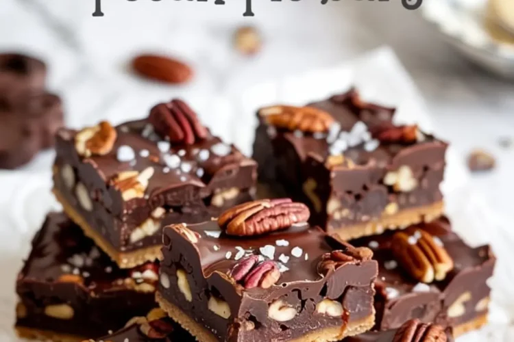 Salted dark chocolate pecan pie bars arranged on parchment paper, showcasing glossy chocolate tops, crunchy pecans, and coarse sea salt flakes, with a text overlay labeling the dessert.