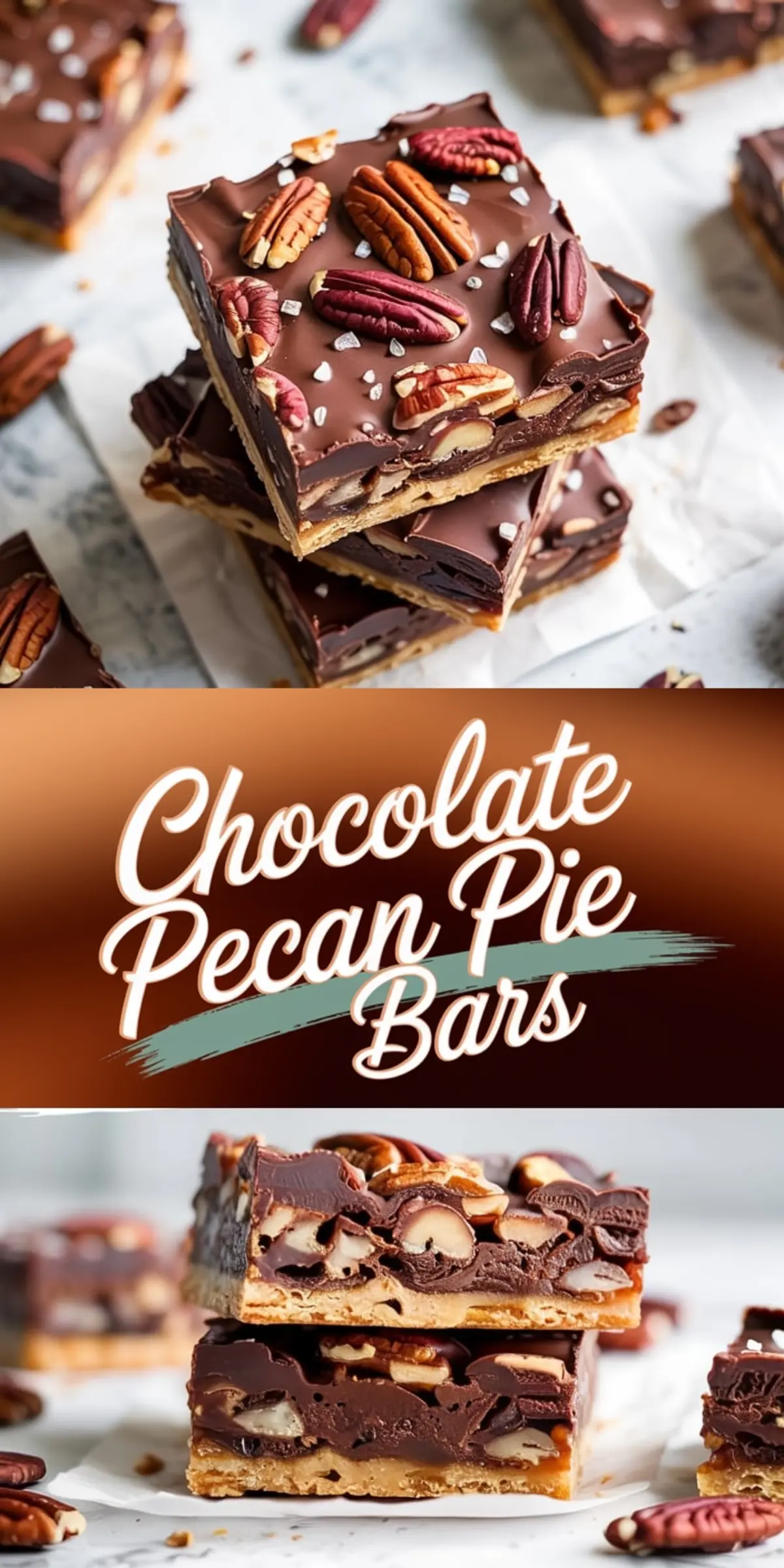 Chocolate pecan pie bars displayed from above and side angle, highlighting a thick chocolate layer with embedded pecans, crumbly crust, and a sprinkle of sea salt, with bold text emphasizing the dessert name.