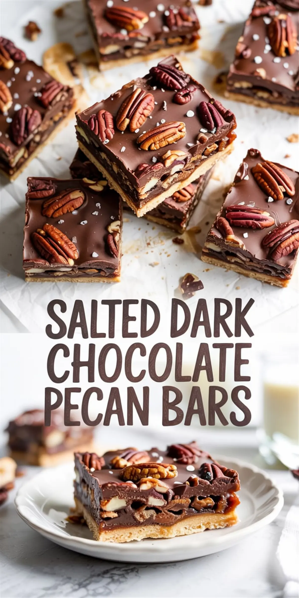 Salted dark chocolate pecan bars presented from a top view and a plate-side view, with a rich chocolate topping, scattered pecans, sea salt garnish, and a shortbread-style crust, alongside large text describing the dessert.