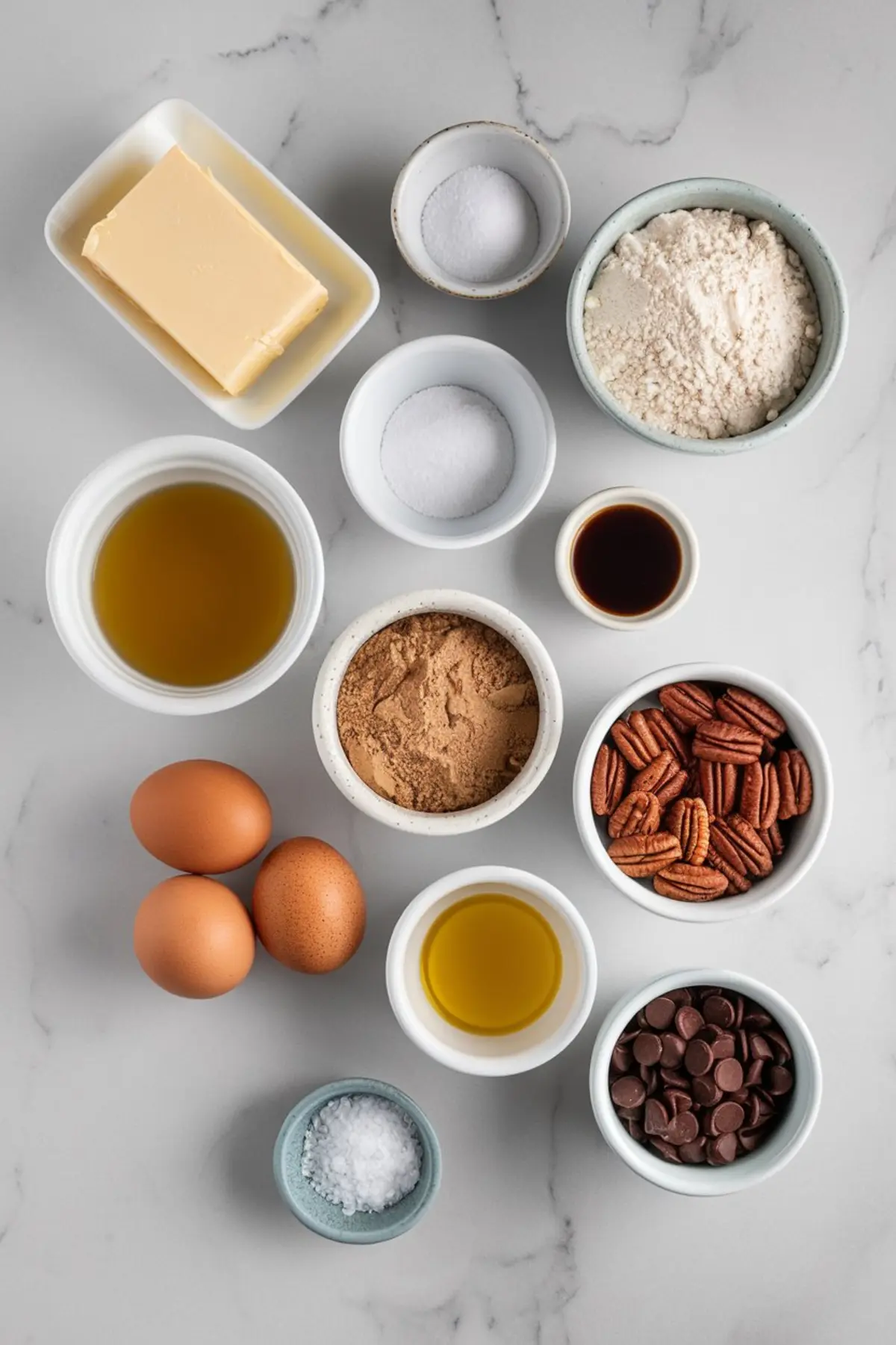 Flat lay of chocolate pecan pie bar ingredients on a marble surface, including flour, butter, brown sugar, eggs, pecans, chocolate chips, vanilla extract, and salt, arranged in small bowls for baking preparation.