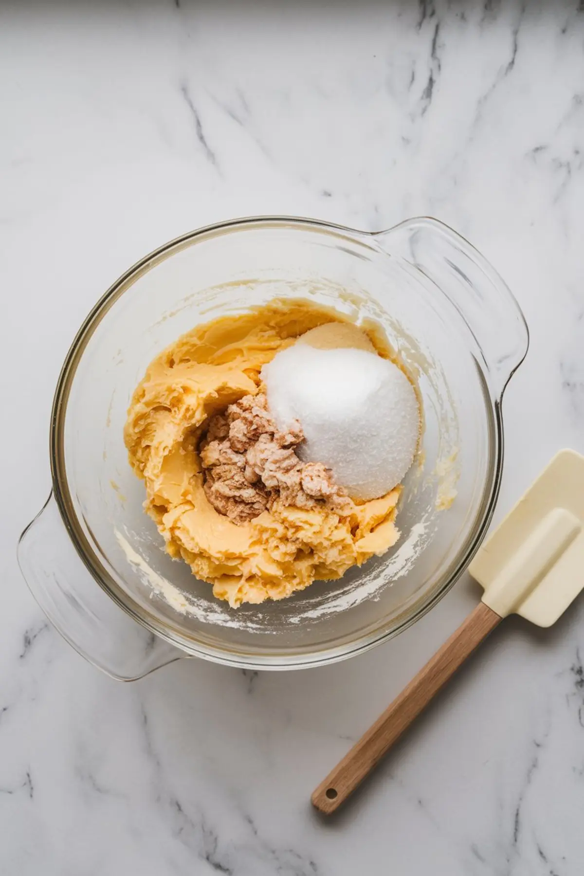 Glass bowl with softened butter, granulated sugar, and brown sugar, ready to be mixed for the crust dough, set on a white marble countertop with a silicone spatula.