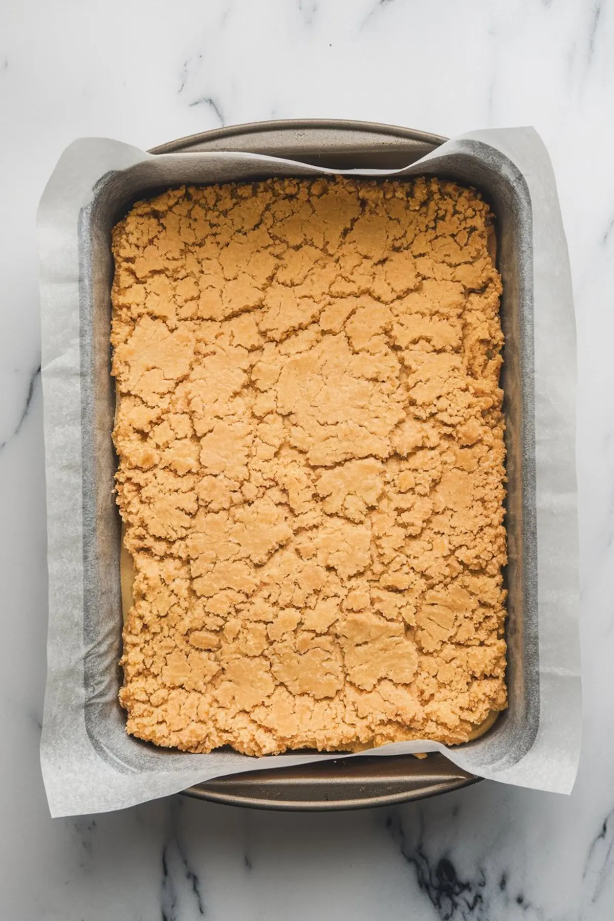 Baked crust in a parchment-lined baking dish with a cracked golden surface, forming the base layer for chocolate pecan pie bars, viewed from above.
