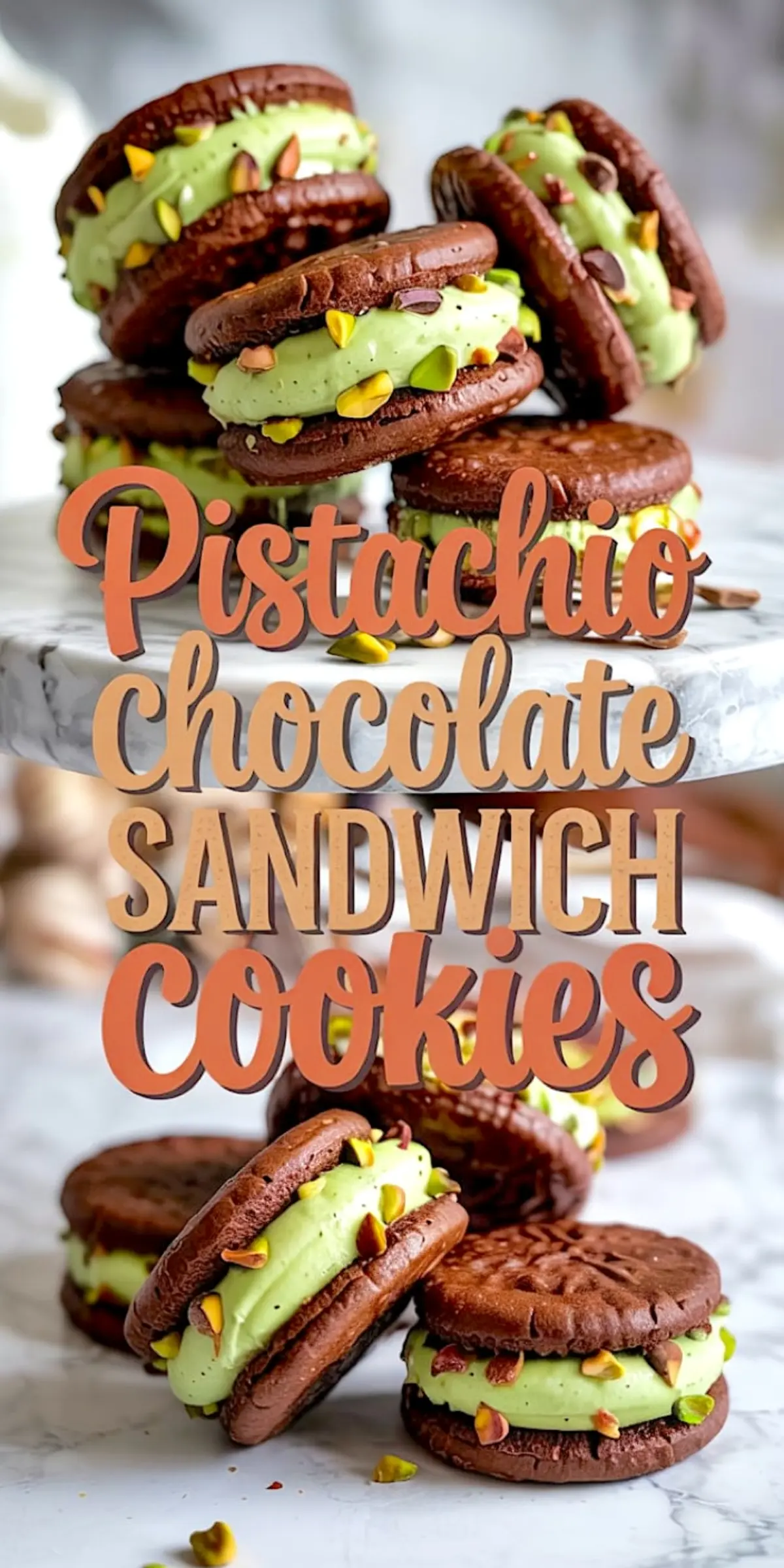 A stack of chocolate sandwich cookies filled with pistachio cream and topped with chopped pistachios, styled on a marble cake stand with a bold “Pistachio Chocolate Sandwich Cookies” text overlay.