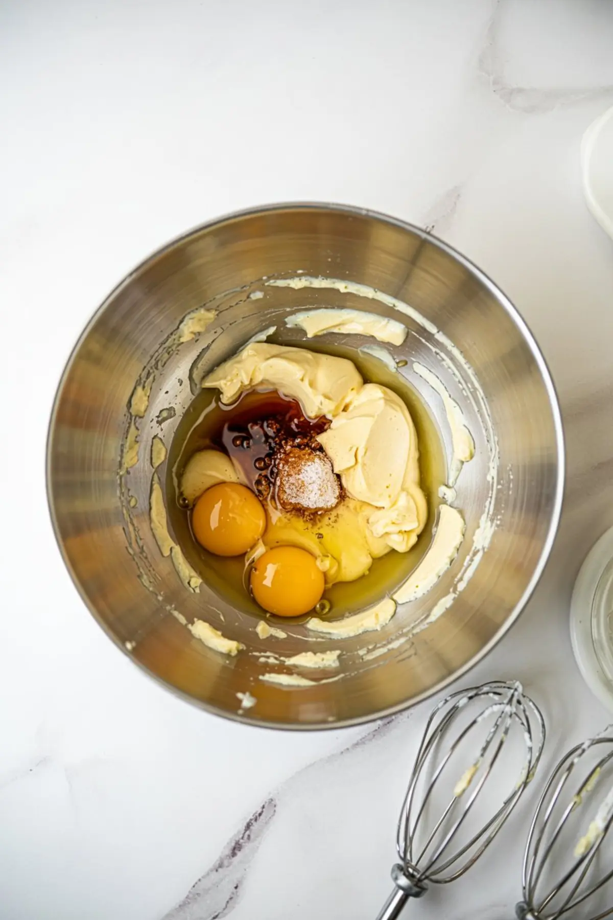 A metal mixing bowl containing eggs, vanilla extract, and softened butter ready for mixing, placed on a white marble surface with electric mixer attachments beside it.