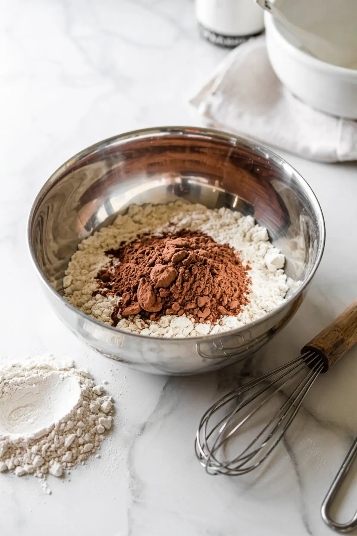 A stainless steel mixing bowl filled with cocoa powder and flour, placed on a white marble countertop with a metal whisk nearby, showing the dry ingredient stage of baking cookies.