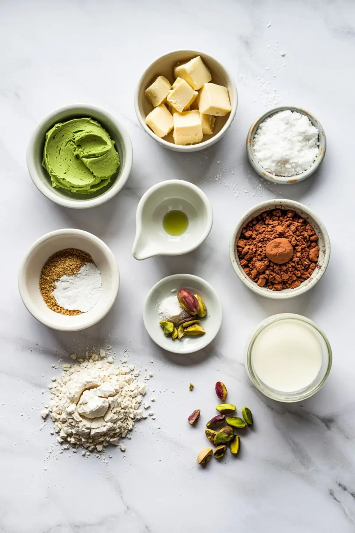 A flat lay of measured ingredients for pistachio chocolate cookies, including cocoa powder, pistachio cream, butter, flour, sugar, milk, and whole pistachios in small ceramic bowls.