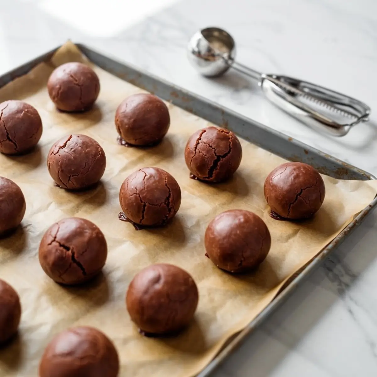 A baking tray lined with parchment paper holding scoops of chocolate cookie dough, slightly cracked on top, with a metal cookie scoop resting beside the tray.