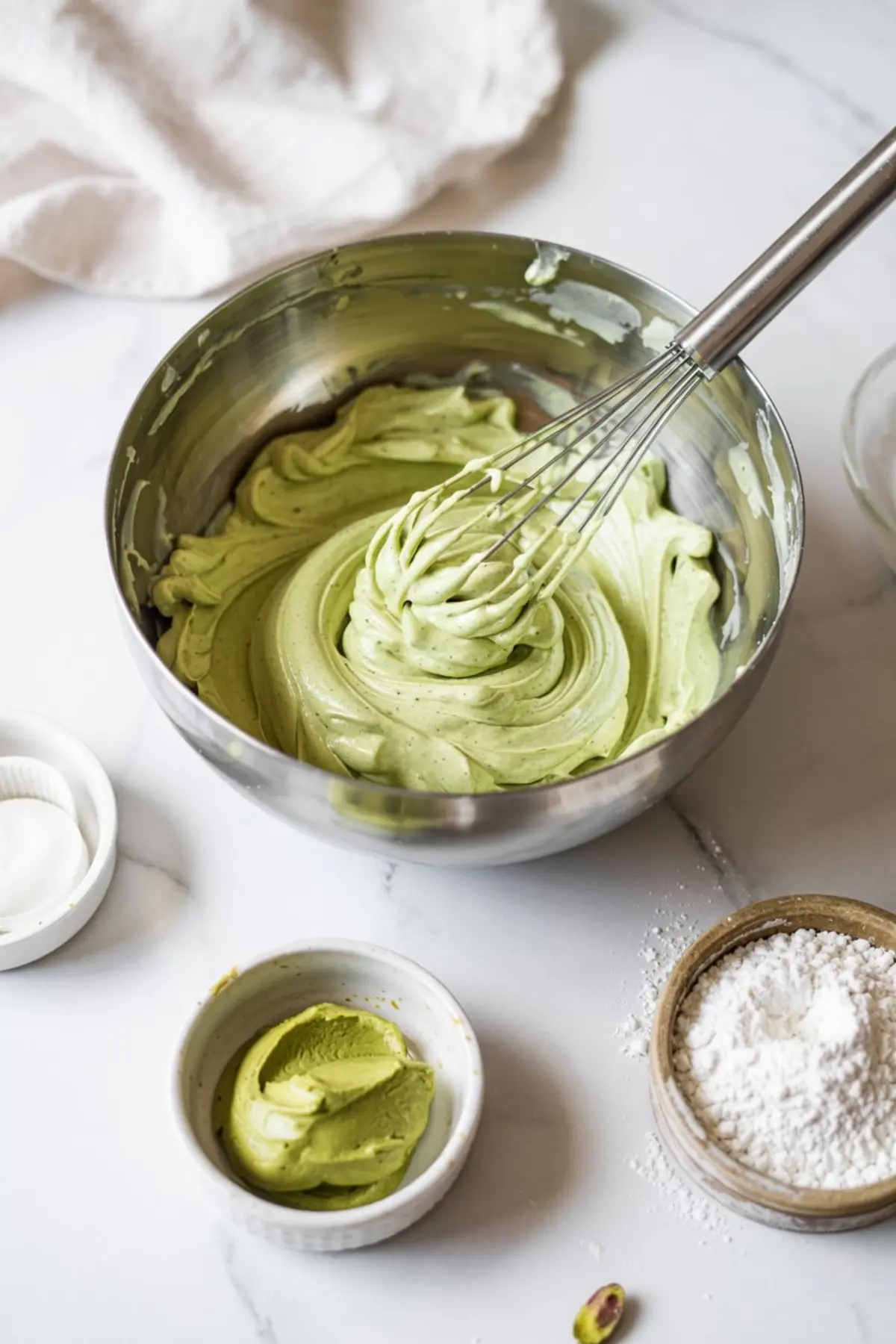 A metal mixing bowl of whipped pistachio cream frosting with a whisk covered in the green filling, surrounded by powdered sugar and extra frosting in a small dish.