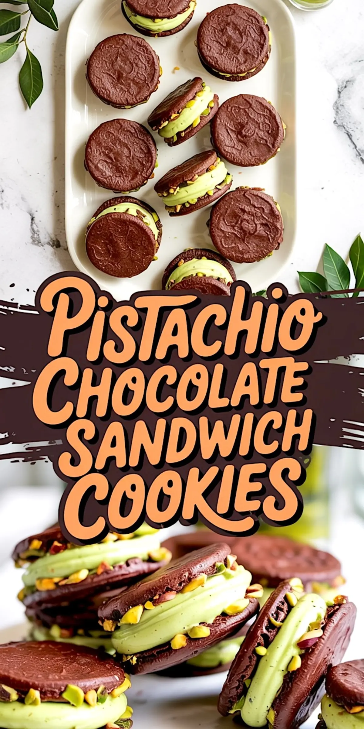 A collage-style image featuring a top view of neatly arranged chocolate pistachio sandwich cookies on a white platter and a bottom view of stacked cookies with a bold recipe title overlay.