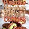 A close-up of chocolate pistachio sandwich cookies on a marble surface, filled with green pistachio cream and garnished with chopped pistachios, with decorative text overlaid.
