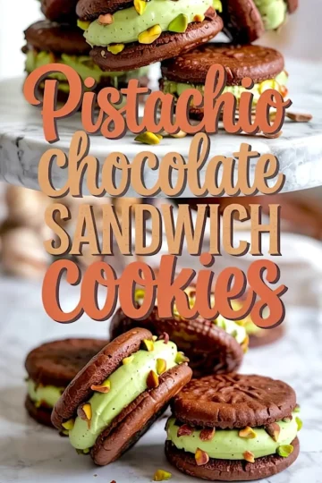 A close-up of chocolate pistachio sandwich cookies on a marble surface, filled with green pistachio cream and garnished with chopped pistachios, with decorative text overlaid.