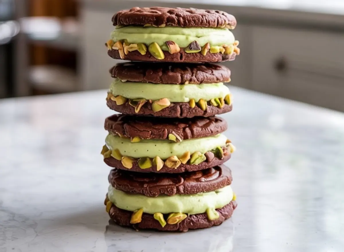 A vertical stack of four chocolate sandwich cookies filled with pistachio frosting and edged with chopped pistachios, styled on a marble countertop with a softly lit kitchen background.