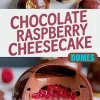 Collage featuring chocolate raspberry cheesecake domes with text overlay, displaying whole domes with glossy chocolate coating and an interior cut showing rich chocolate mousse, vibrant raspberry center, and biscuit base.