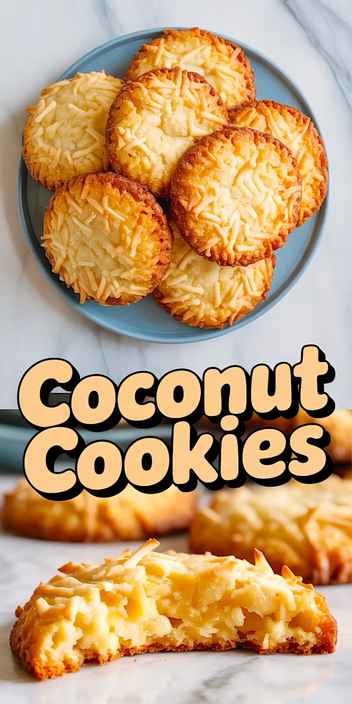 Collage image of golden brown coconut cookies on a blue plate with shredded coconut topping, and a close-up of a cookie broken in half showing its moist, chewy interior. Bold text overlay reads “Coconut Cookies.”
