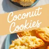 Collage image featuring round golden coconut cookies on a blue plate, topped with shredded coconut, with a close-up of a single cookie cut in half highlighting the moist, dense texture inside. Text overlay reads “Coconut Cookies.”