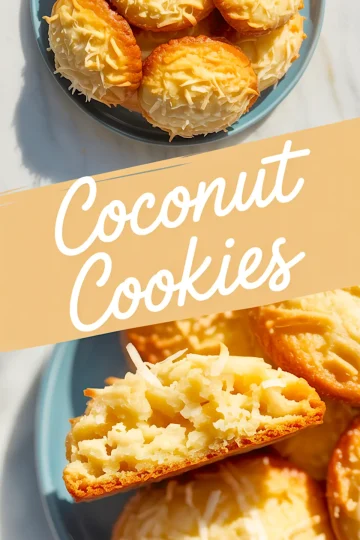 Collage image featuring round golden coconut cookies on a blue plate, topped with shredded coconut, with a close-up of a single cookie cut in half highlighting the moist, dense texture inside. Text overlay reads “Coconut Cookies.”