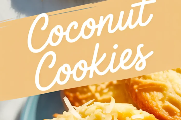 Collage image featuring round golden coconut cookies on a blue plate, topped with shredded coconut, with a close-up of a single cookie cut in half highlighting the moist, dense texture inside. Text overlay reads “Coconut Cookies.”