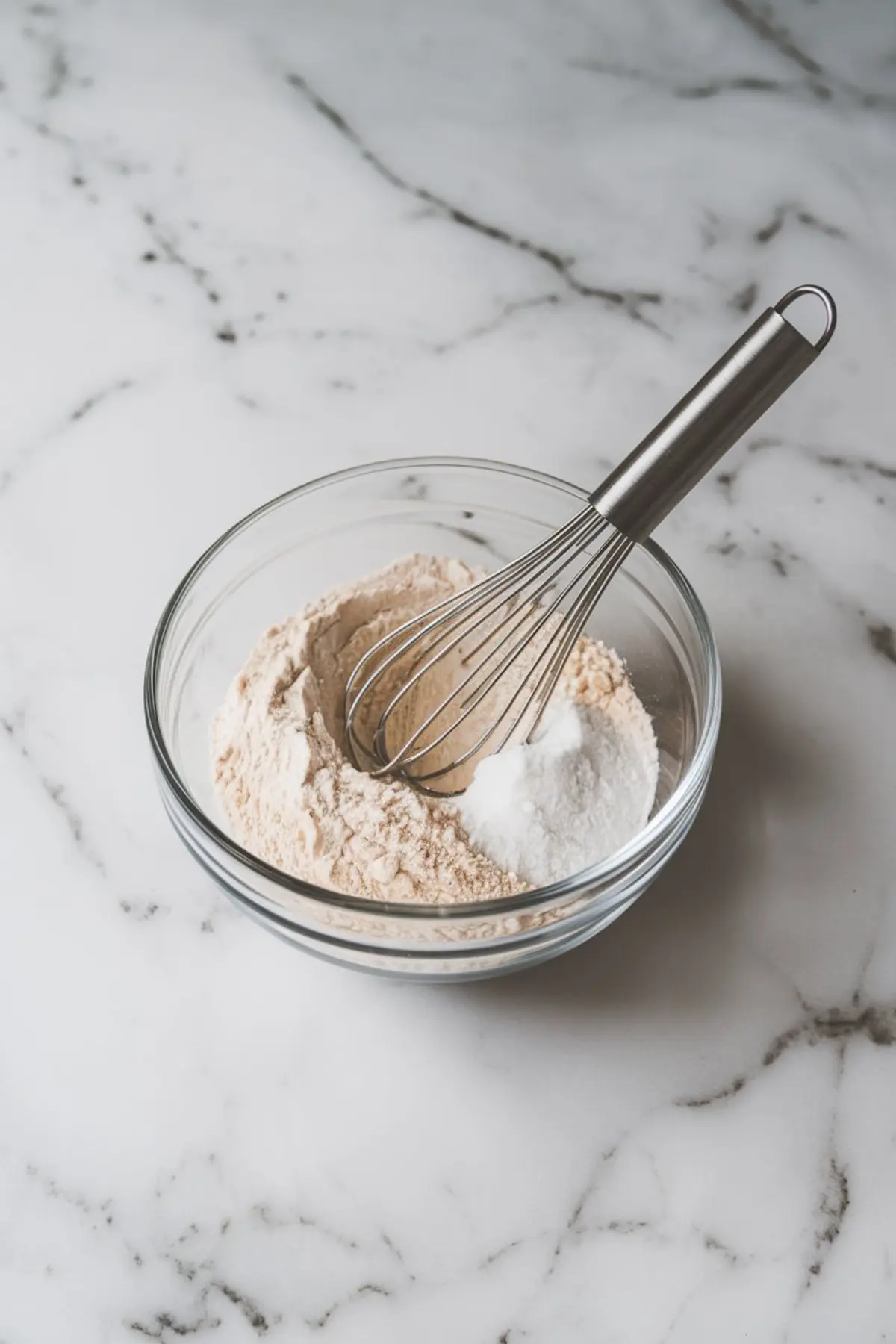 Glass bowl containing flour, baking powder, and a metal whisk, sitting on a light marble countertop, showing dry ingredients being prepared for baking.