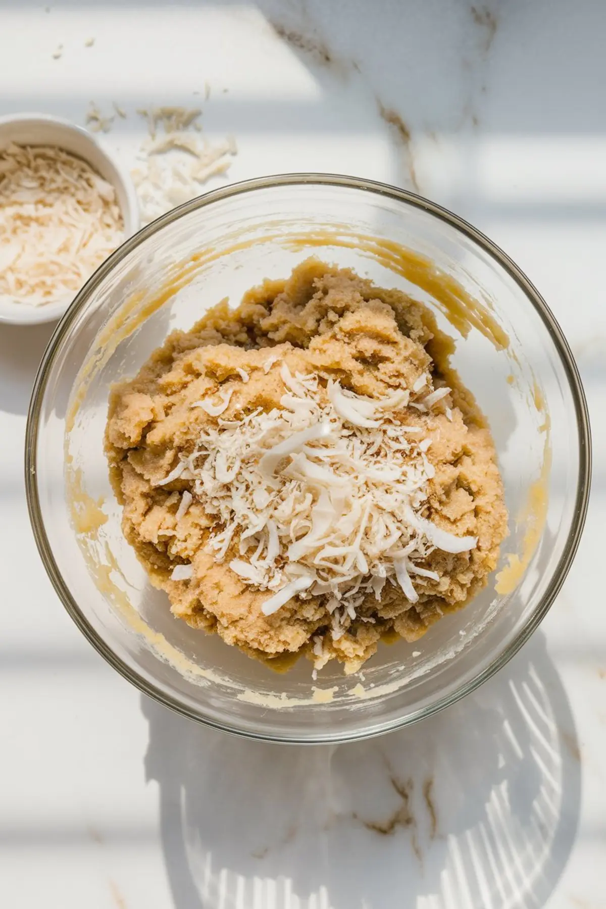 Glass bowl filled with cookie dough mixture topped with shredded coconut, placed on a white marble surface with a small bowl of extra shredded coconut beside it.