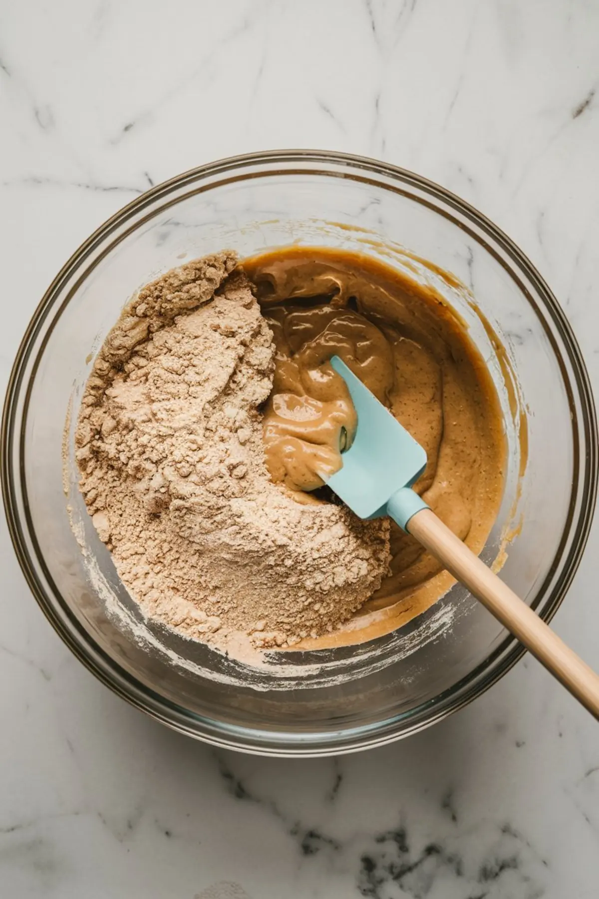 Glass bowl with partially mixed wet and dry ingredients, including flour and a thick peanut butter-colored mixture, with a blue silicone spatula resting in the batter.