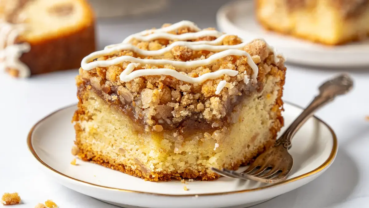Close-up of a crumbly cinnamon coffee cake slice on a white plate, featuring golden cake, thick brown sugar streusel, and white icing drizzle with a vintage fork.
