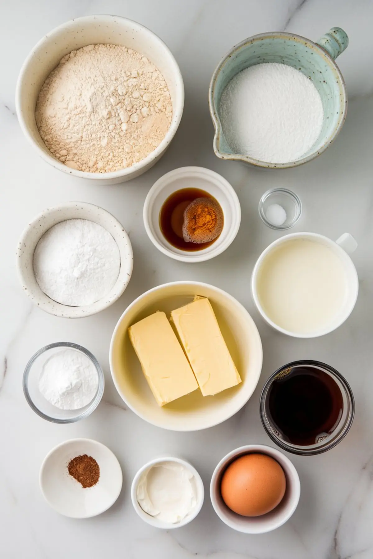 Flat lay of organized baking ingredients including flour, sugar, butter, eggs, milk, vanilla extract, sour cream, baking soda, baking powder, cinnamon, and brewed coffee on a white marble counter.
