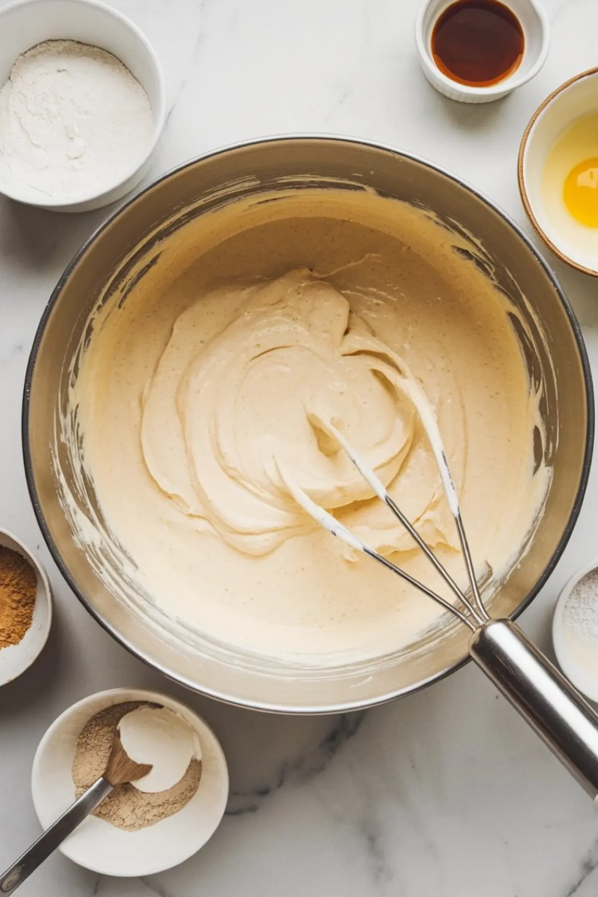 Whipped vanilla cake batter in a large metal mixing bowl surrounded by individual bowls of ingredients like flour, eggs, vanilla extract, and cinnamon on a marble countertop.
