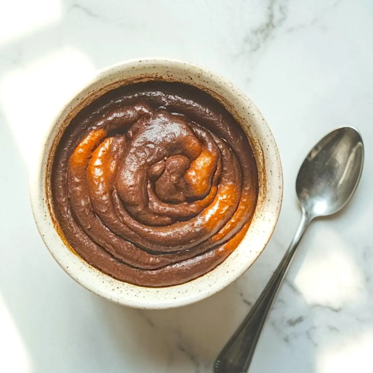 Top view of a bowl filled with chocolate cinnamon swirl mixture placed beside a silver spoon on a white marble surface, showcasing a glossy texture ideal for cake layers or filling.
