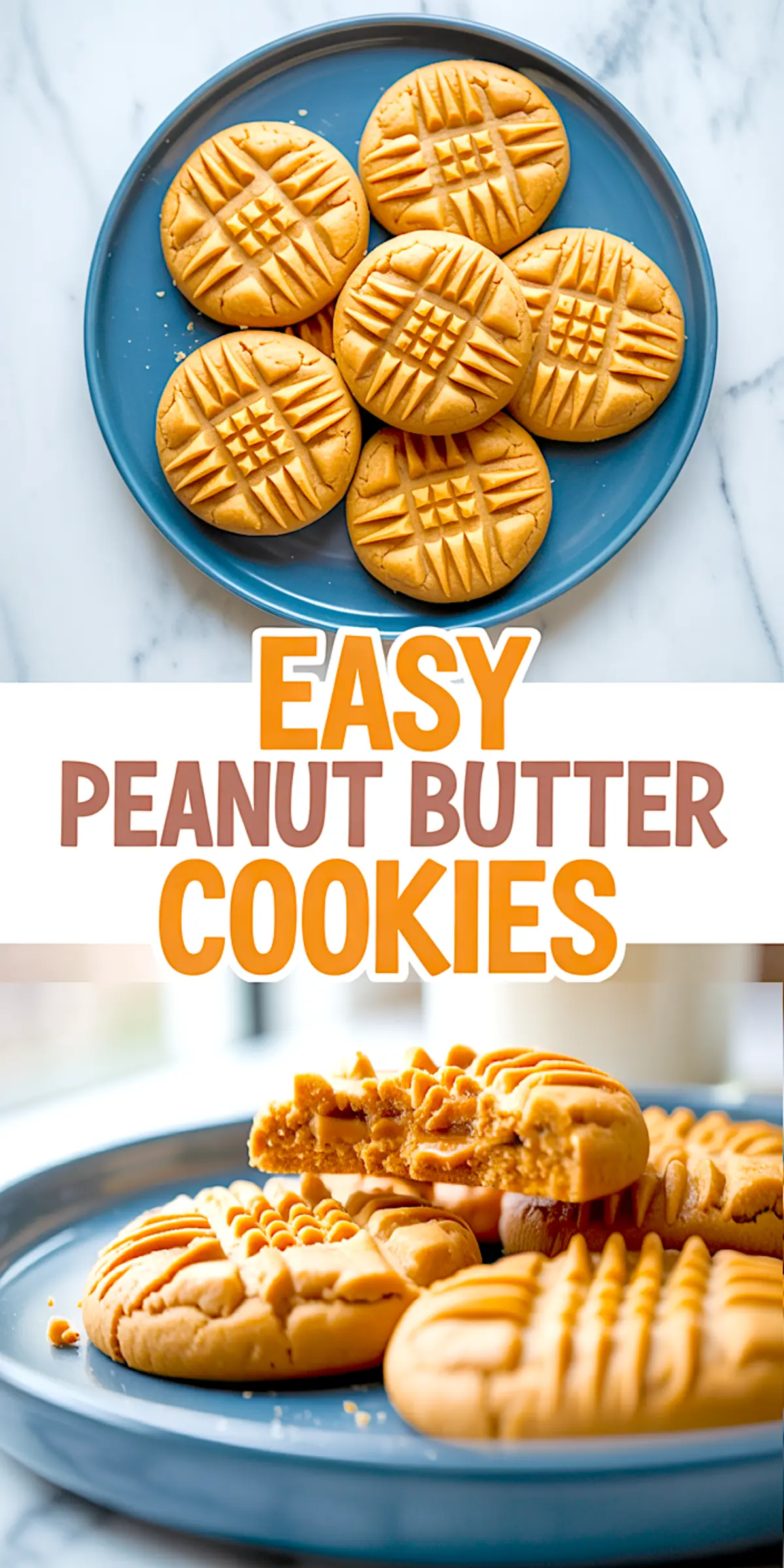 Collage image with six cookies in the top frame and a broken cookie revealing a chewy center in the bottom frame, labeled “Easy Peanut Butter Cookies.” Visual content for easy cookies few ingredients and best peanut butter cookies ever.