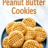 Overhead shot of a full plate of peanut butter cookies with a fork crosshatch pattern and text overlay reading “Easy Peanut Butter Cookies.” Ideal visual for peanut butter cookies and quick peanut butter cookies.