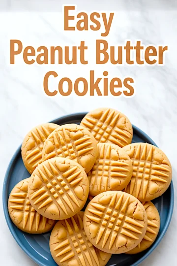 Overhead shot of a full plate of peanut butter cookies with a fork crosshatch pattern and text overlay reading “Easy Peanut Butter Cookies.” Ideal visual for peanut butter cookies and quick peanut butter cookies.
