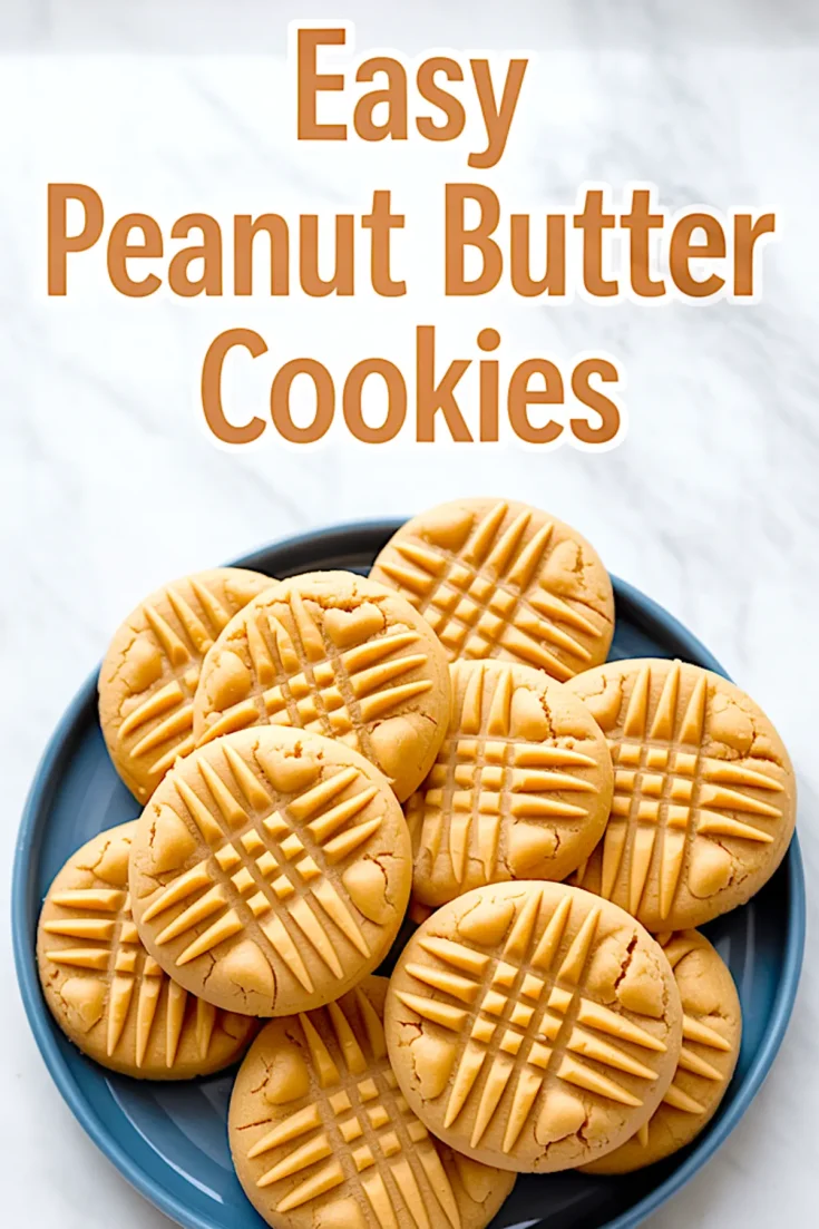 Overhead shot of a full plate of peanut butter cookies with a fork crosshatch pattern and text overlay reading “Easy Peanut Butter Cookies.” Ideal visual for peanut butter cookies and quick peanut butter cookies.