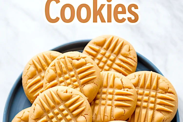 Overhead shot of a full plate of peanut butter cookies with a fork crosshatch pattern and text overlay reading “Easy Peanut Butter Cookies.” Ideal visual for peanut butter cookies and quick peanut butter cookies.