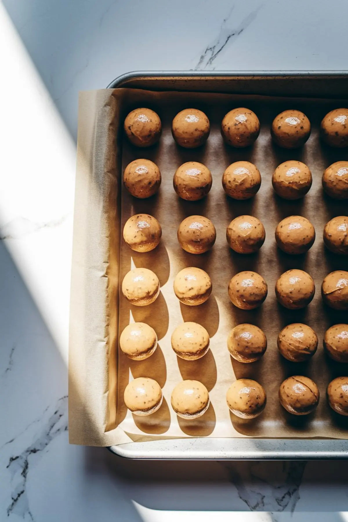 Rows of peanut butter cookie dough balls arranged neatly on a parchment-lined baking sheet, ready for baking. This overhead shot captures the texture and uniform shape, ideal for dessert recipes and quick peanut butter cookies.