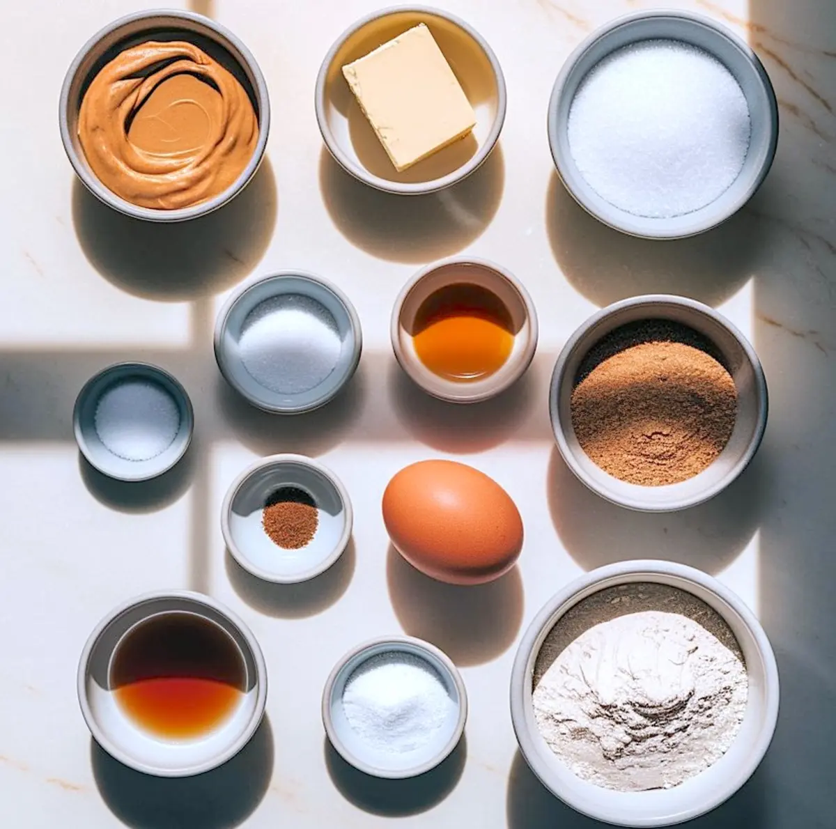 Flat lay of peanut butter cookie ingredients in small bowls on a marble surface, including peanut butter, butter, egg, sugar, flour, and vanilla extract. A clean visual guide for easy cookies with few ingredients or 3 ingredient peanut butter cookies.