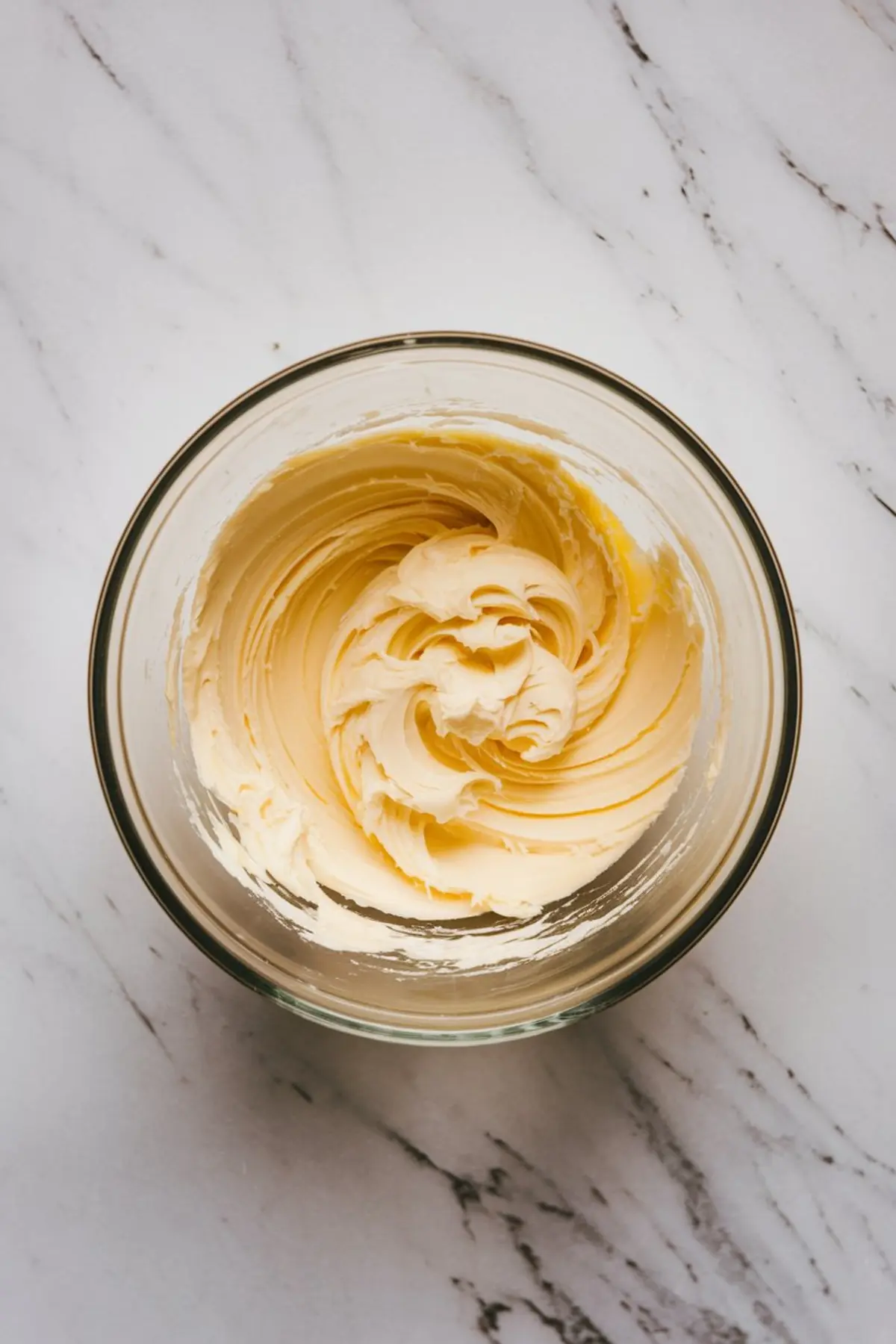 Whipped butter and sugar mixture in a glass mixing bowl on a white marble counter, captured mid-preparation. A key step in baking easy peanut butter cookies