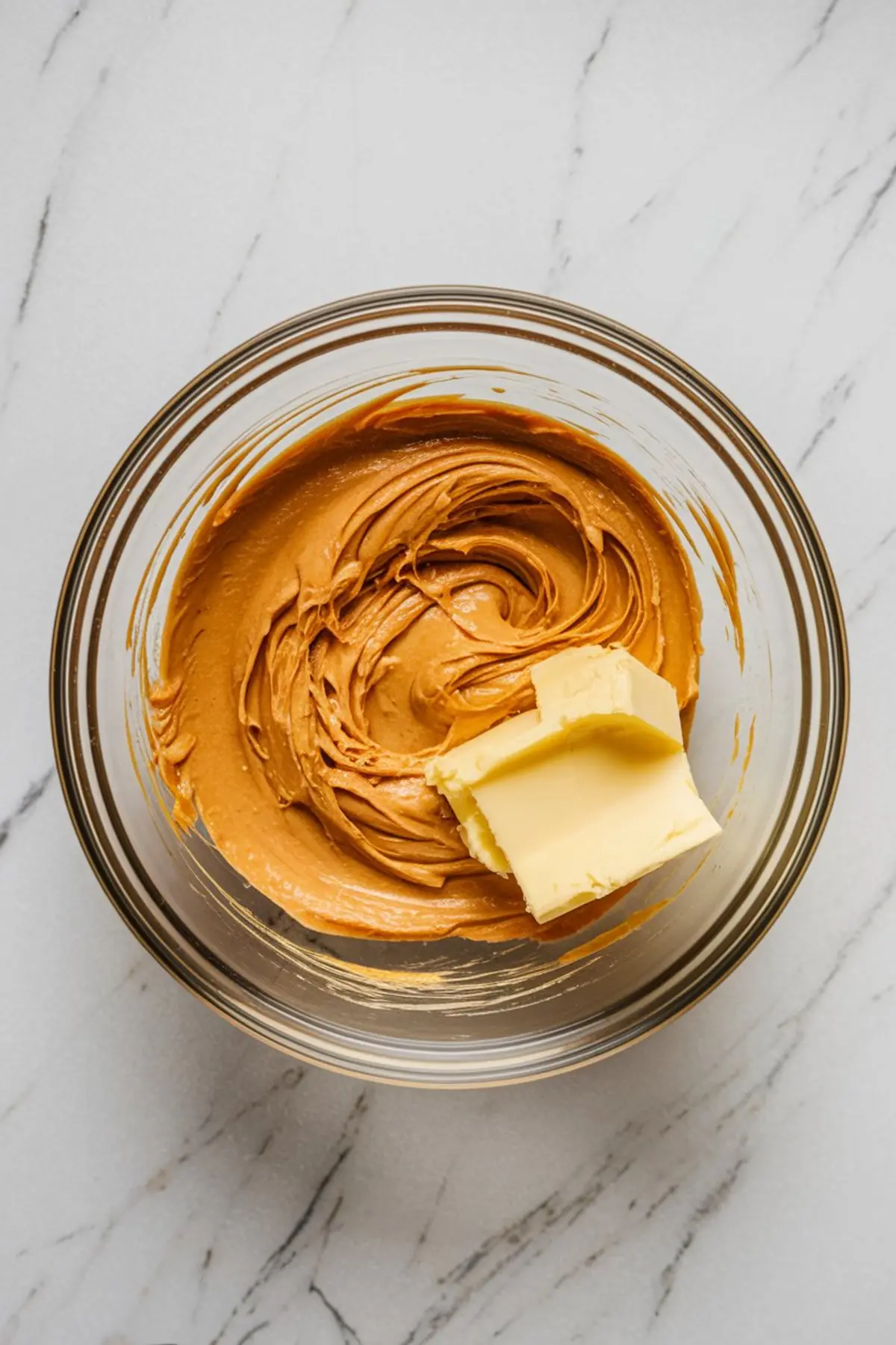 Softened butter added to a bowl of whipped peanut butter, illustrating a rich blend for creating homemade peanut butter icing or peanut butter frosting for layered cakes and cupcakes.