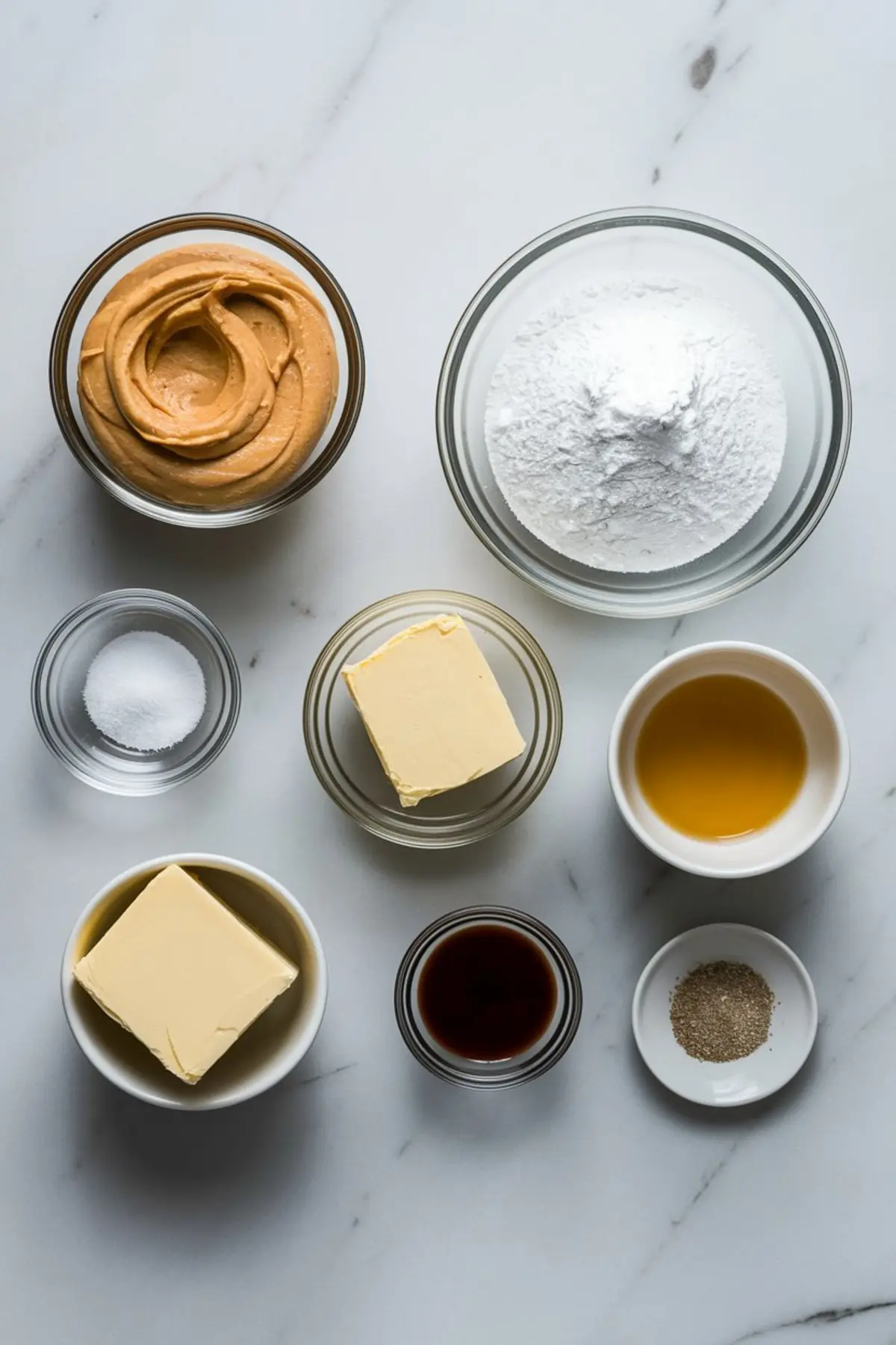 Overhead view of individual ingredients in small bowls on a white marble surface, including creamy peanut butter, powdered sugar, butter, salt, vanilla extract, oil, and cream—ideal components for a peanut butter buttercream or homemade peanut butter icing recipe.