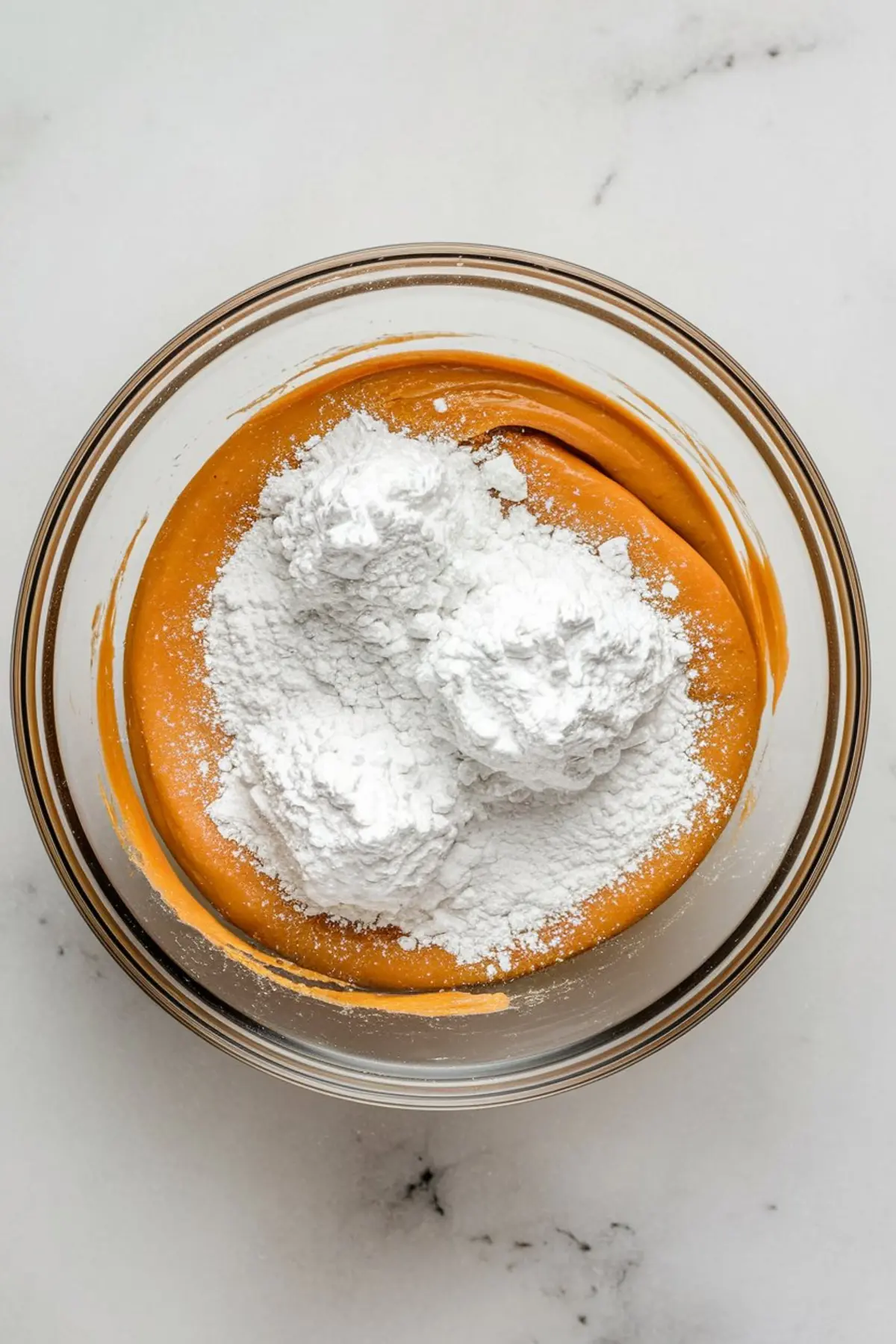 Glass bowl filled with smooth peanut butter and a generous heap of powdered sugar on top, showcasing the beginning step in making a creamy peanut butter frosting with cream cheese or pb frosting for cupcakes.