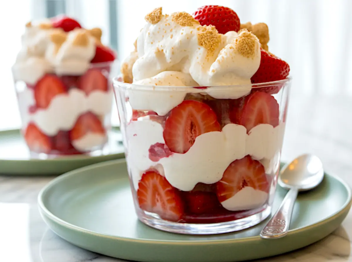 Side view of a glass layered with whipped cream and halved strawberries, topped with crushed meringue, styled on a green plate with another dessert glass blurred in the background.
