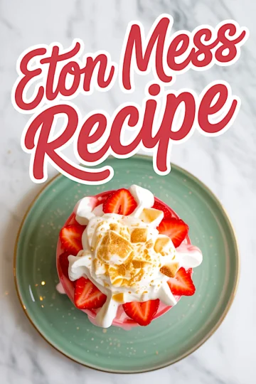 Top view of a glass filled with Eton Mess, decorated with whipped cream, halved strawberries, and golden meringue crumbles, set on a green plate with “Eton Mess Recipe” text overlay.