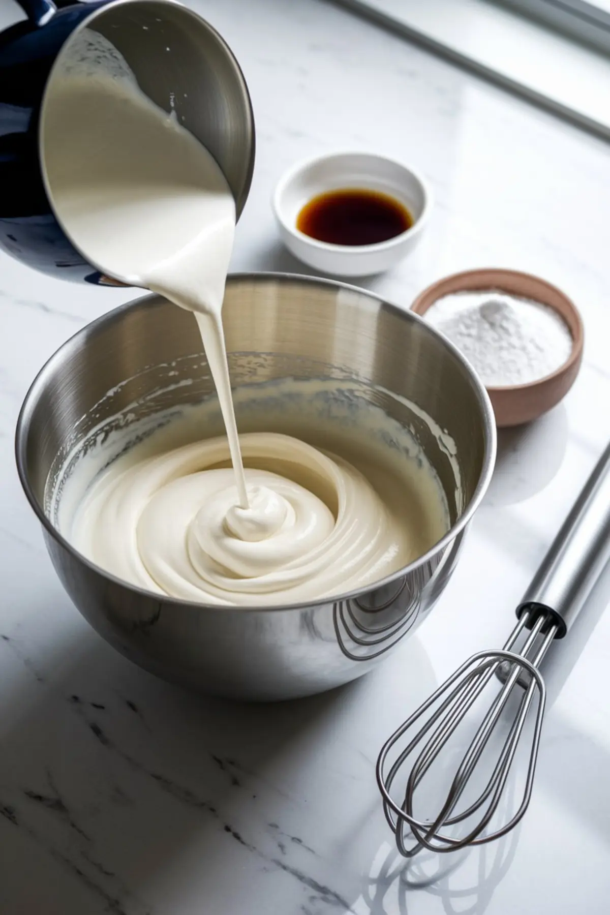 Cream being poured into a metal mixing bowl with a whisk, powdered sugar, and vanilla extract nearby on a white marble surface, capturing the beginning steps of making whipped cream.