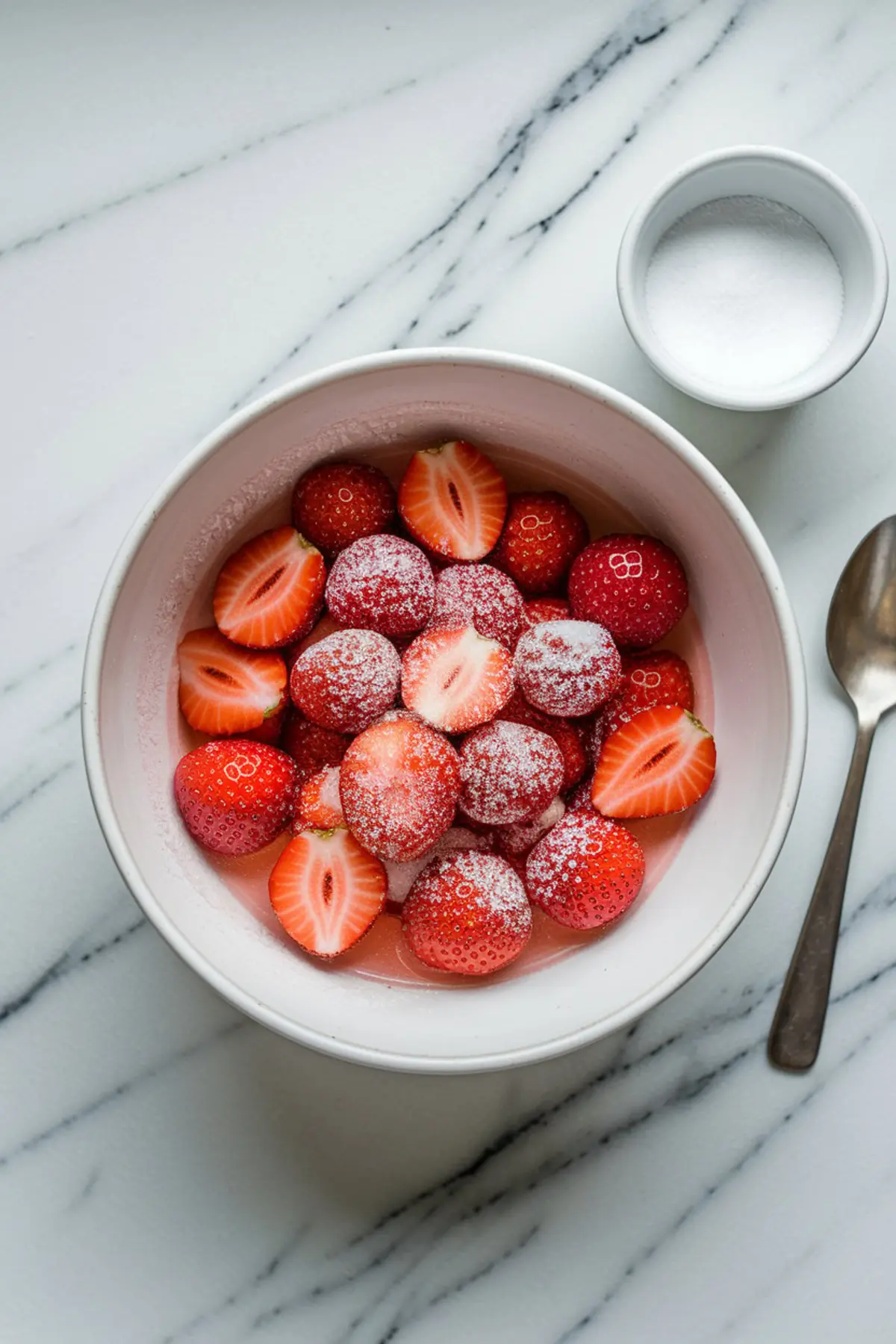 White bowl filled with sugared whole and halved strawberries next to a small bowl of sugar and a spoon, arranged on a white marble countertop.
