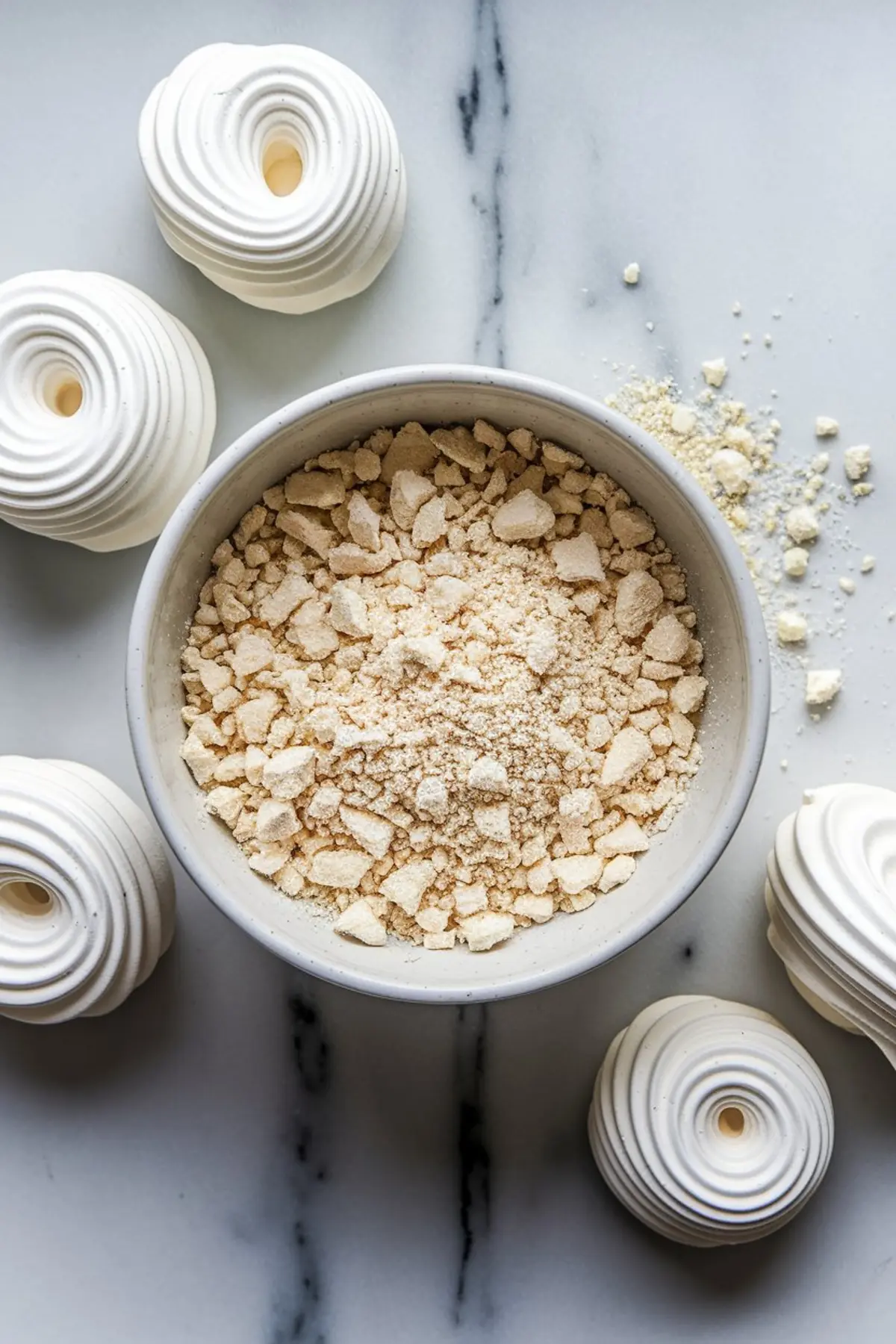 Bowl filled with crushed meringue surrounded by five whole meringue nests, arranged on a white marble surface with scattered crumbs for texture.
