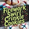 Top-down collage of vibrant firework swirl crinkle cookies, dusted with powdered sugar and cracked open to reveal red, blue, and purple food coloring. Cookies are arranged on parchment paper and marble surface, emphasizing their bold, festive design.