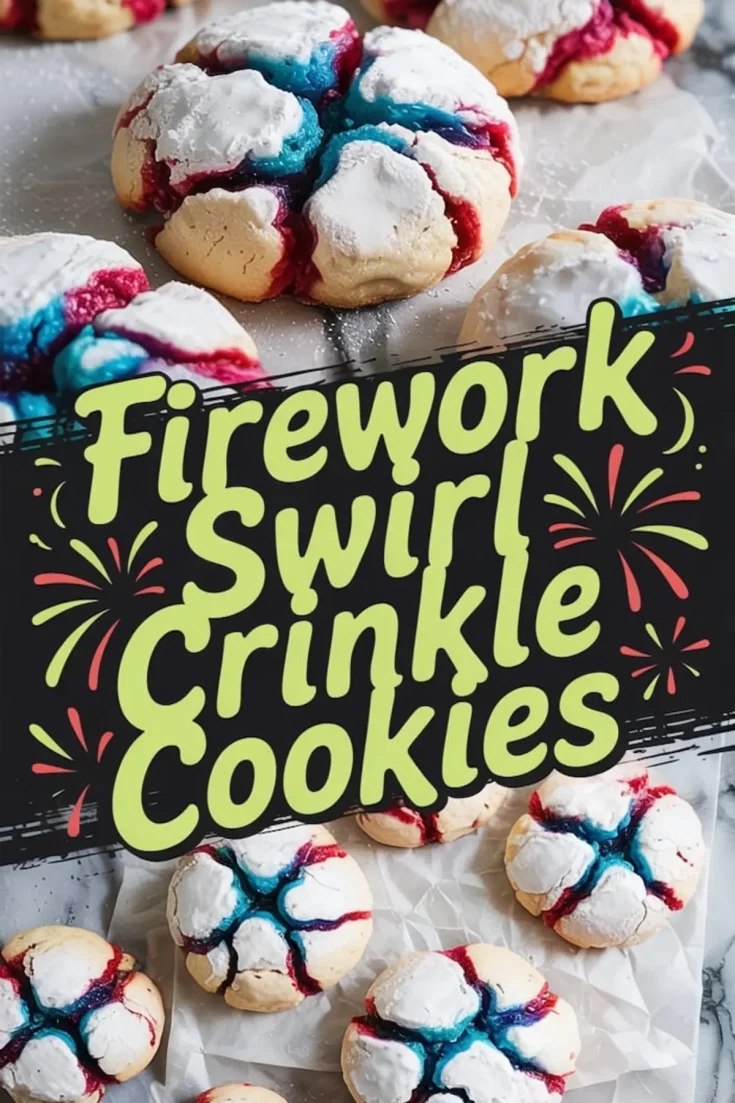 Top-down collage of vibrant firework swirl crinkle cookies, dusted with powdered sugar and cracked open to reveal red, blue, and purple food coloring. Cookies are arranged on parchment paper and marble surface, emphasizing their bold, festive design.